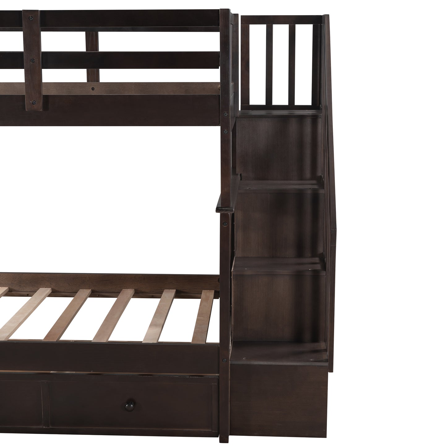 Dark brown wood bunk bed with staircase and drawers