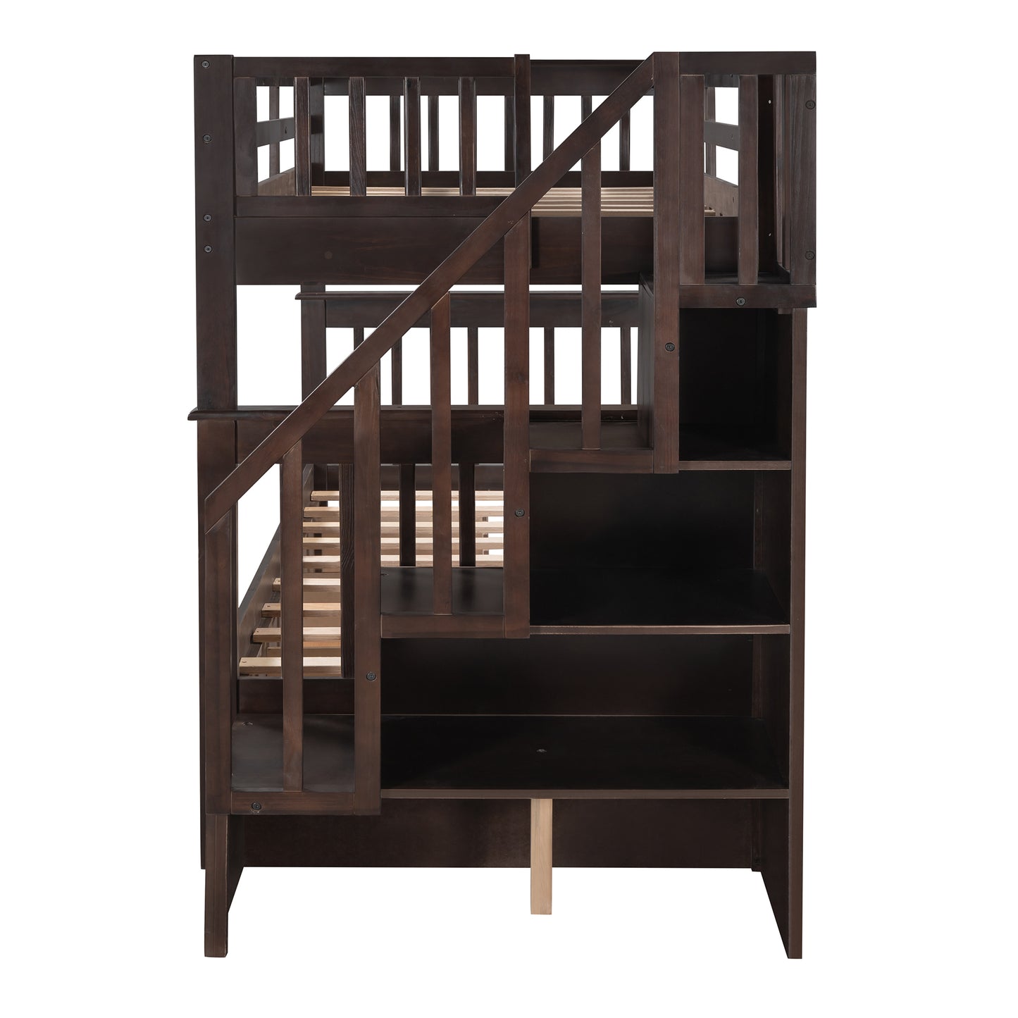 Dark brown wood bunk bed with integrated stairs and shelves