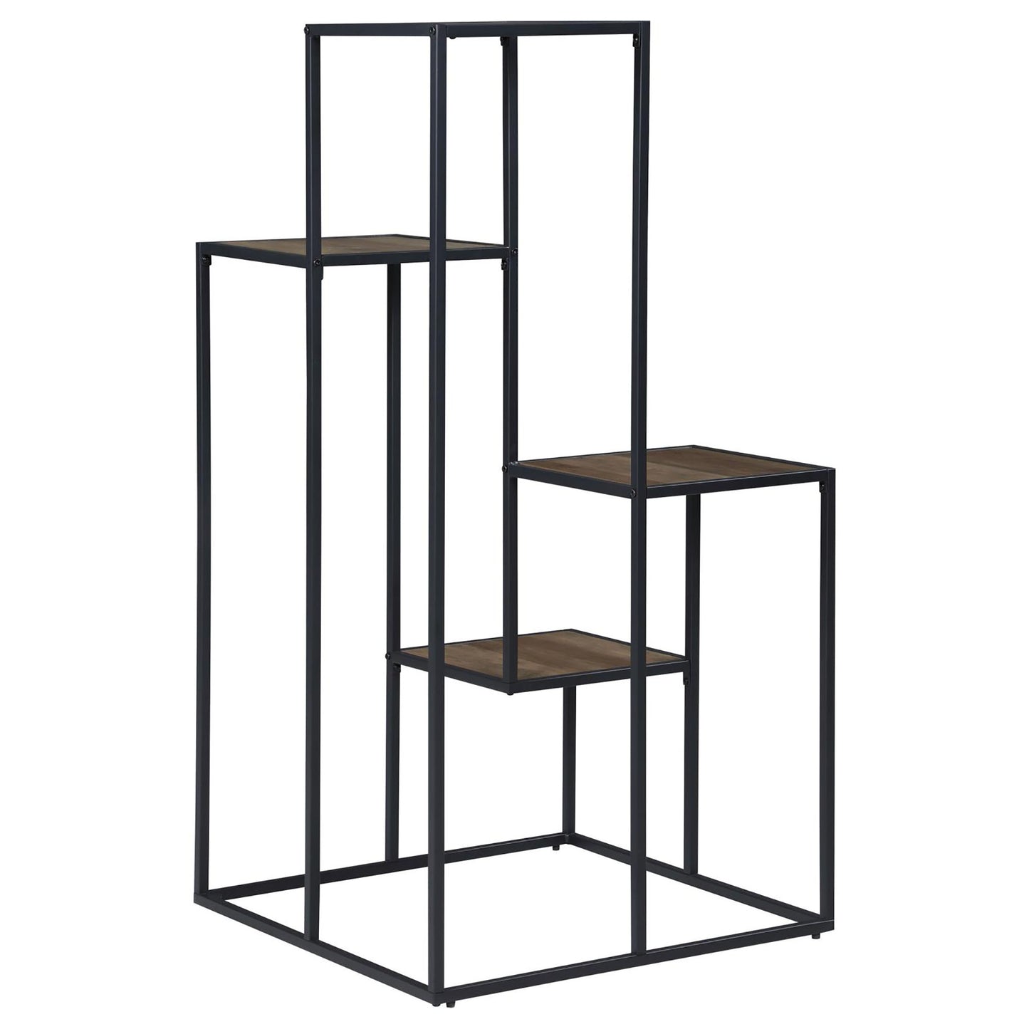 Black metal tiered plant stand with woodlook shelves