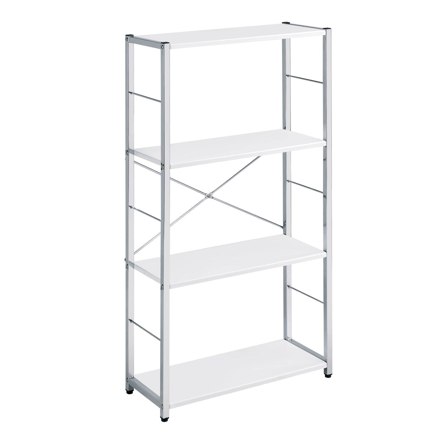 White tier metal shelving unit with silver frame and Xbraced back