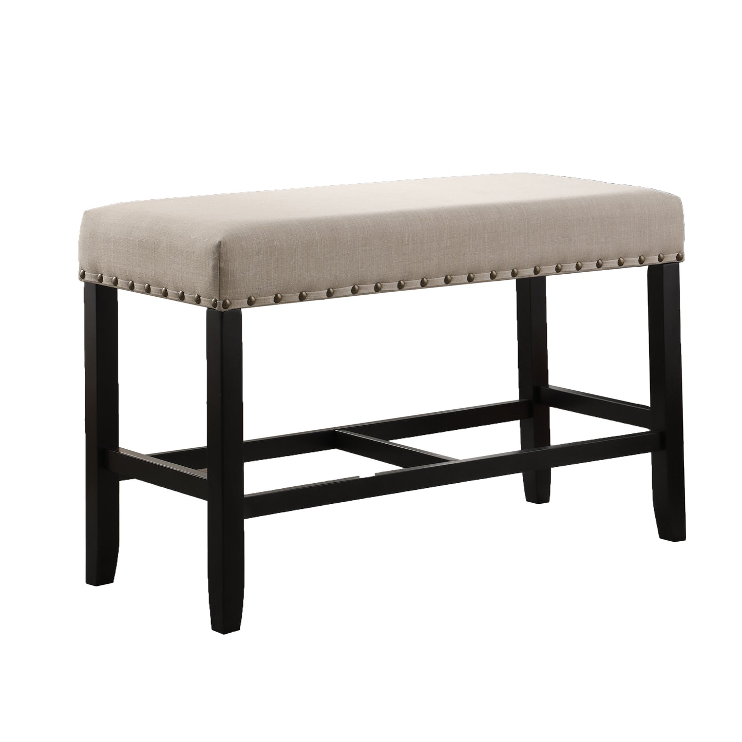 Beige linen upholstered bench with brass nailhead trim and dark wood legs