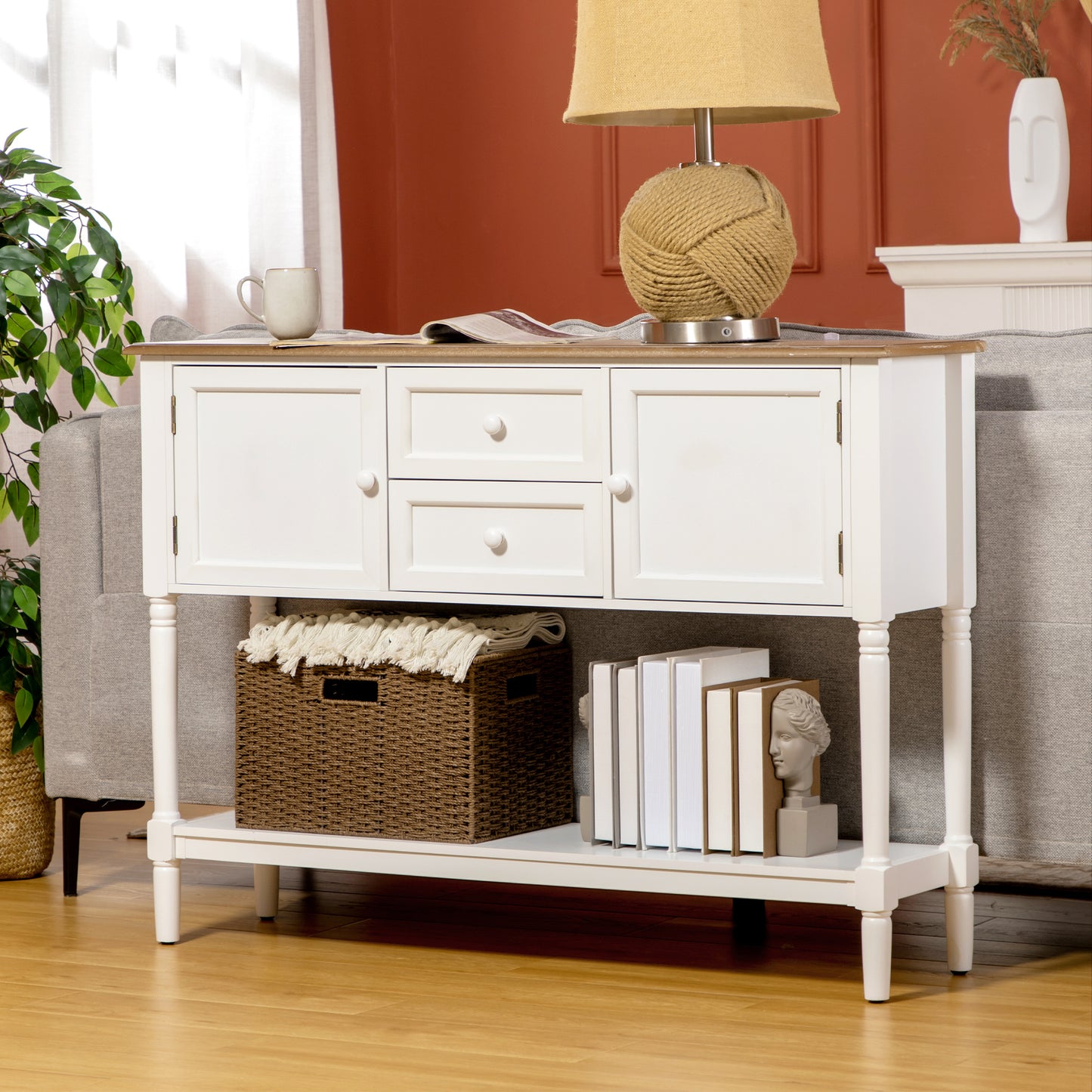 White entryway console with two drawers and two cabinets