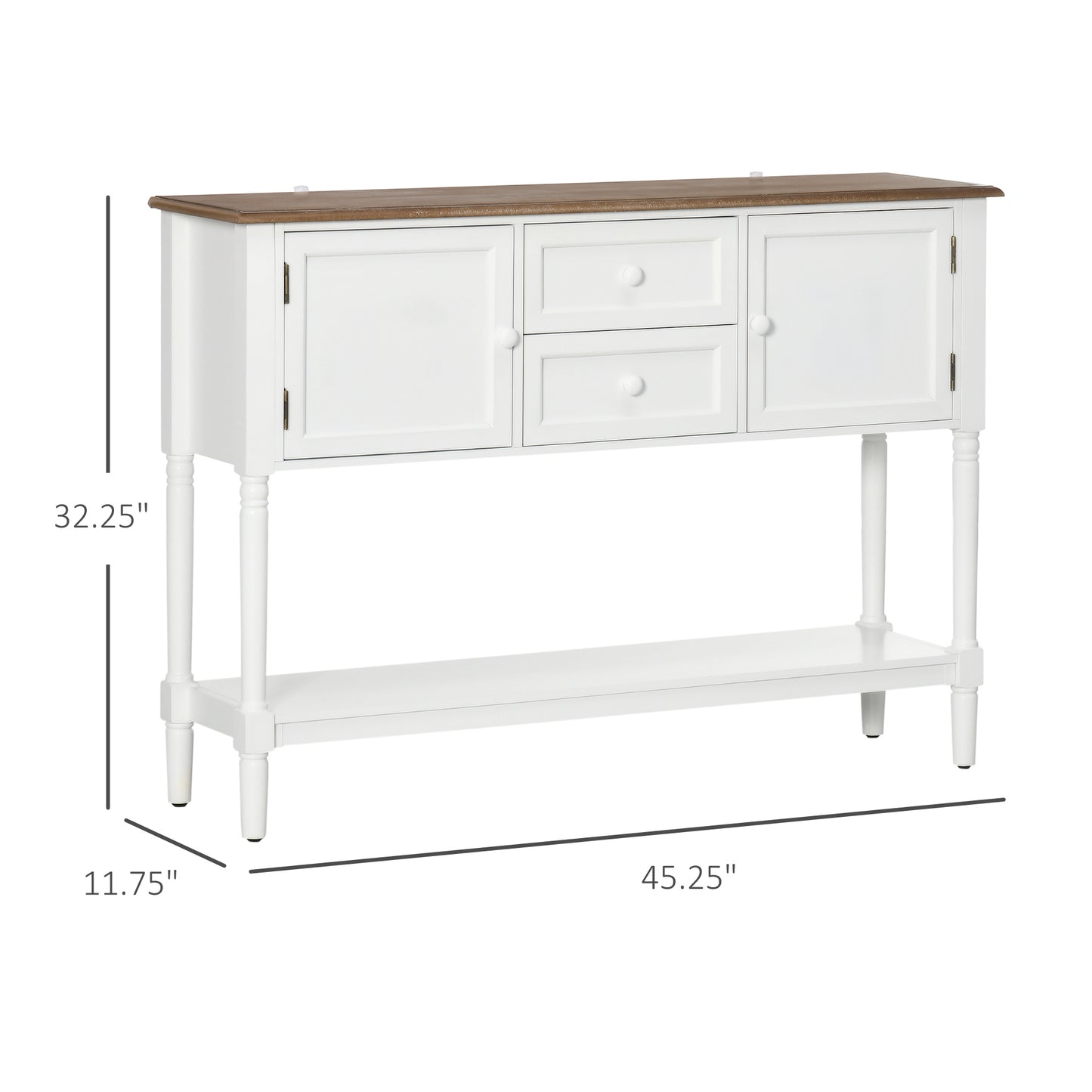 White entryway console table with two drawers and two cabinet doors