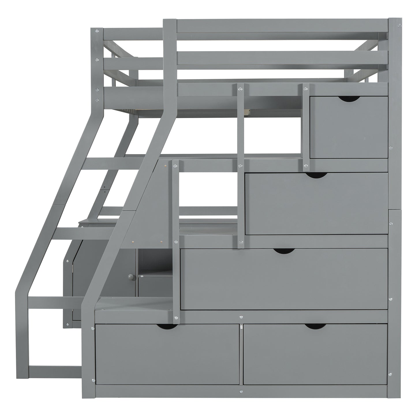 Gray wooden bunk bed with stairs and integrated drawers