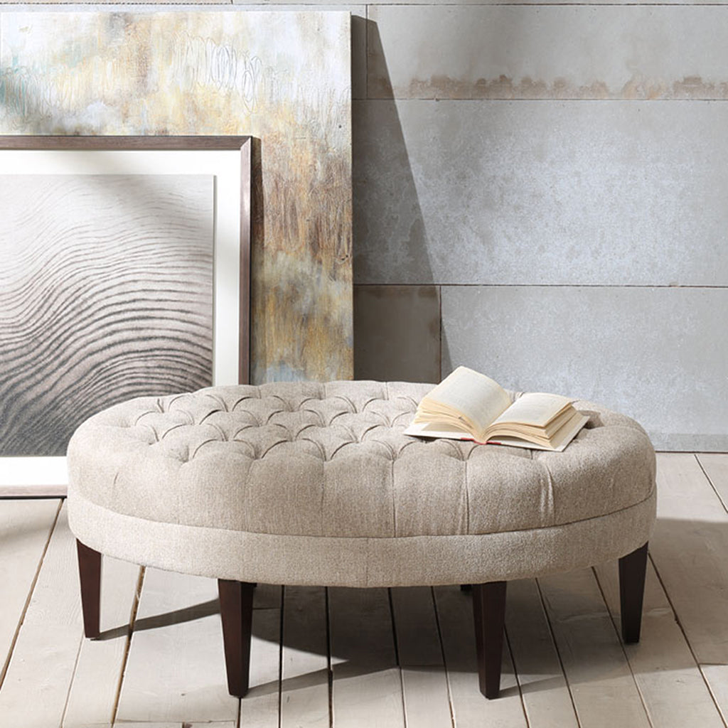 TREATLIFE HOME Oval-Shaped Upholstered Ottoman with Button Tufting, Modern Design, Solid Wood Legs, Beige