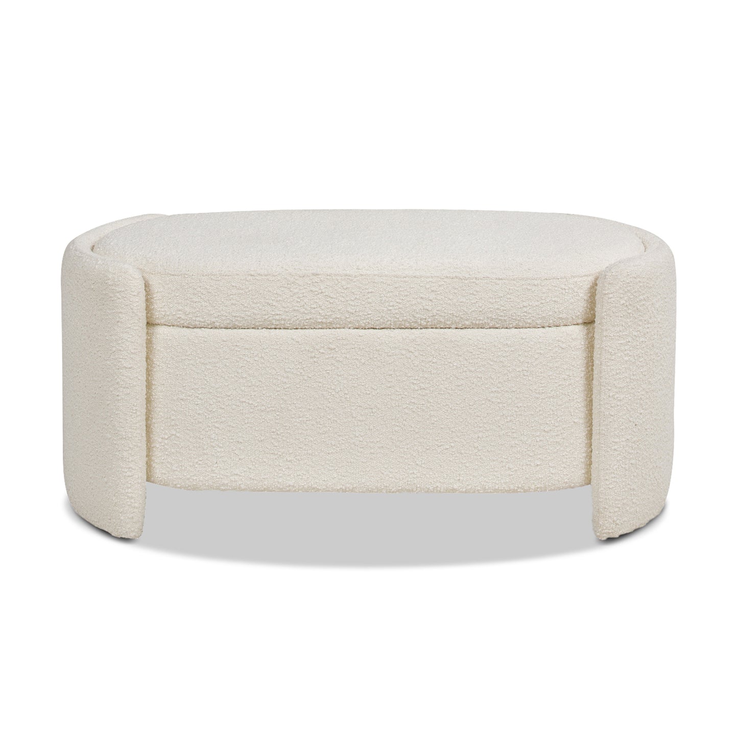 Cream boucle storage ottoman with curved sides