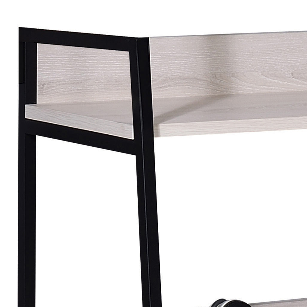 Closeup of a black metal frame and light wood shelf of a modern bookshelf