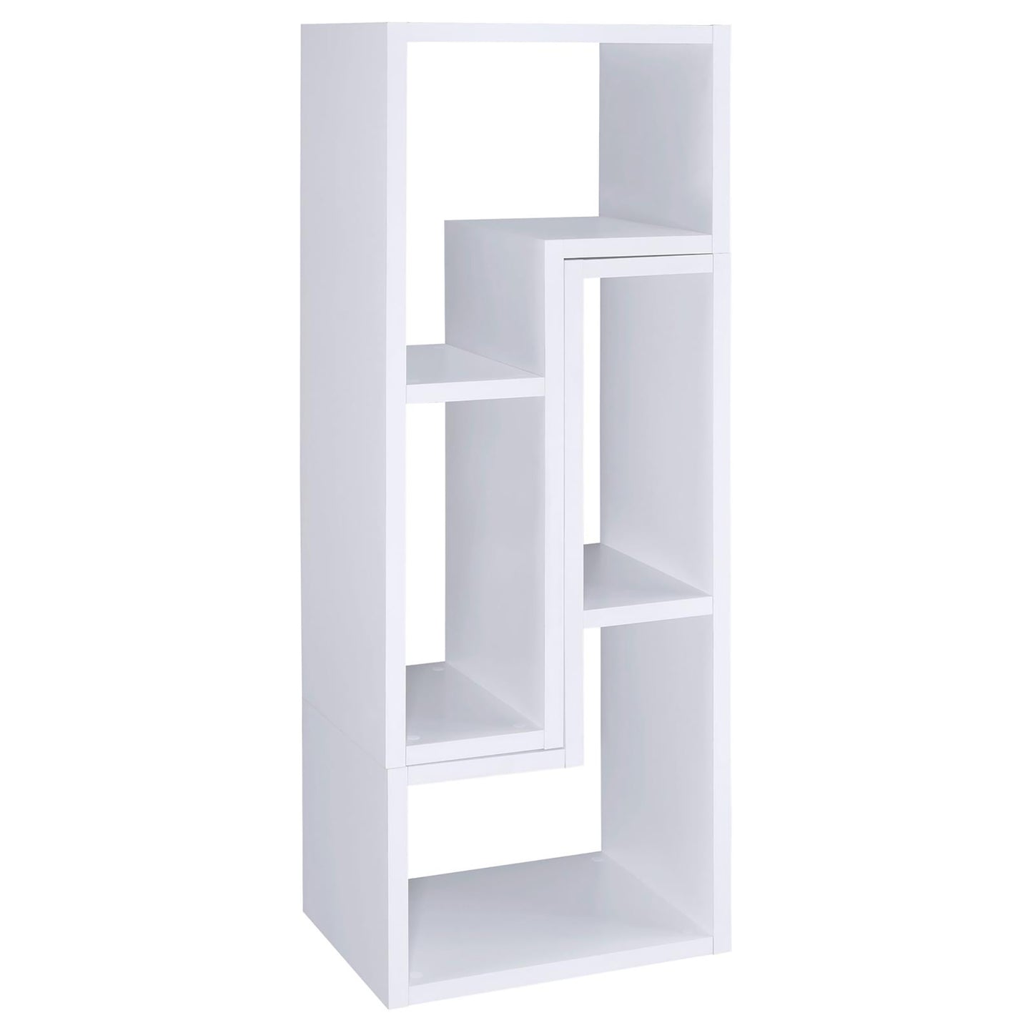 White modern modular bookshelf with staggered shelves and open compartments