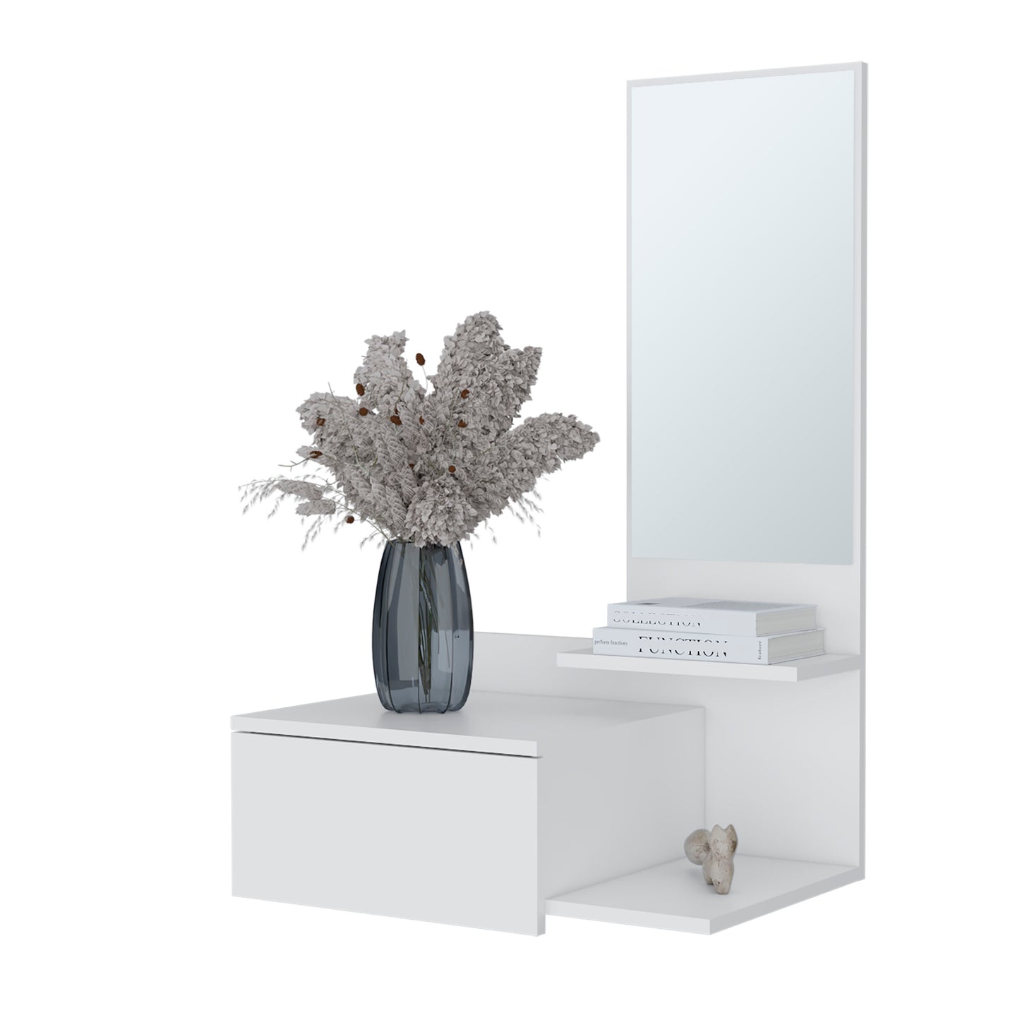 White modern entryway organizer with drawer shelf and mirror