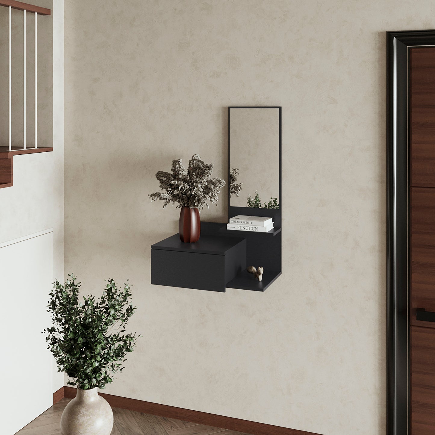 Black floating entryway shelf with integrated mirror and drawer