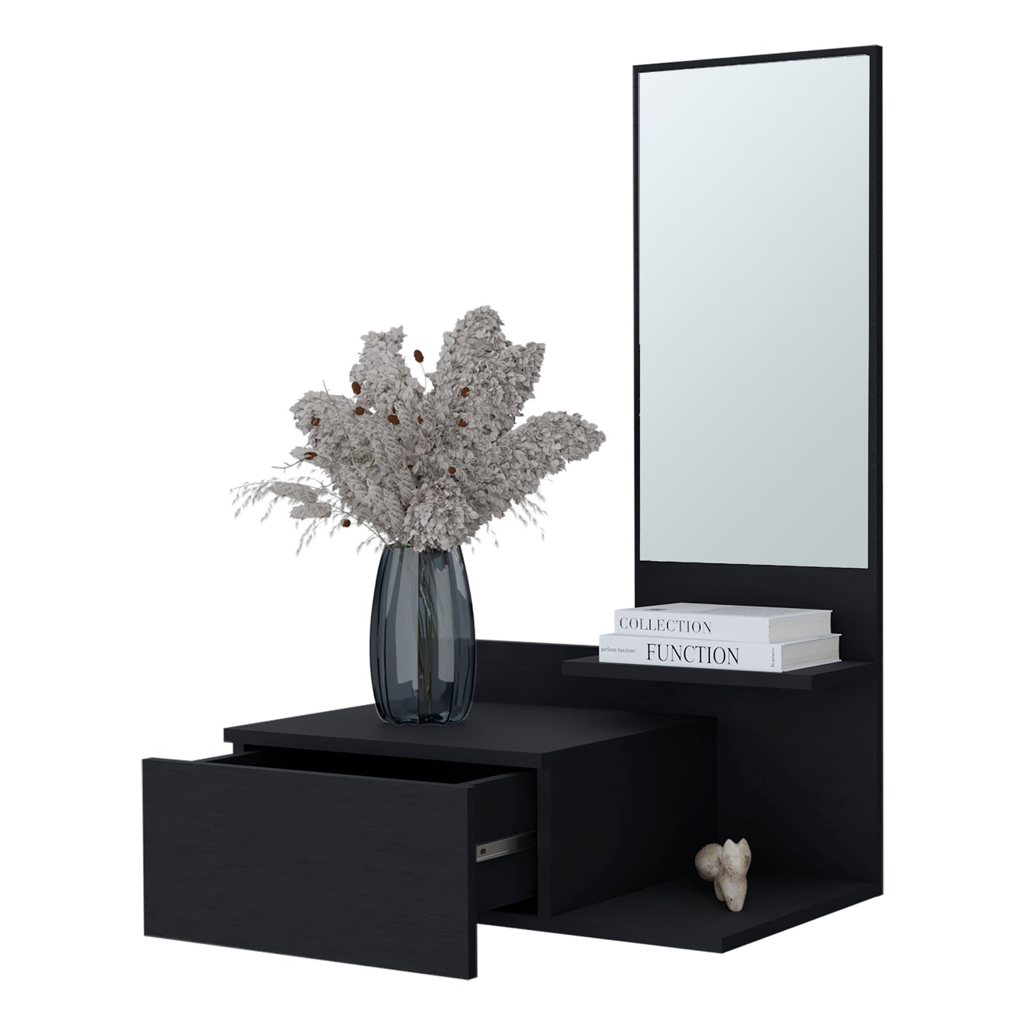 Black floating entryway console with open drawer and attached vertical mirror