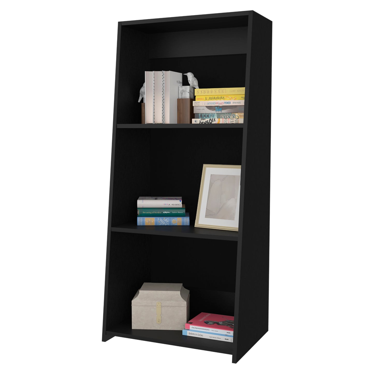 Sleek black tall bookshelf with three open shelves displaying decorative items and books