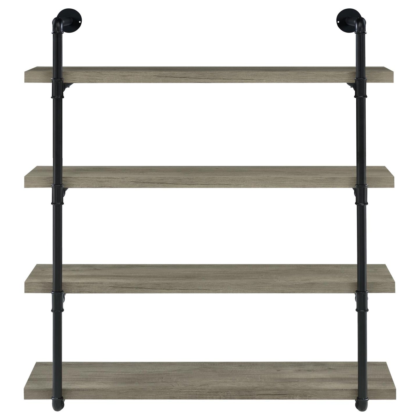 Industrial pipe shelf with four grey woodlook shelves