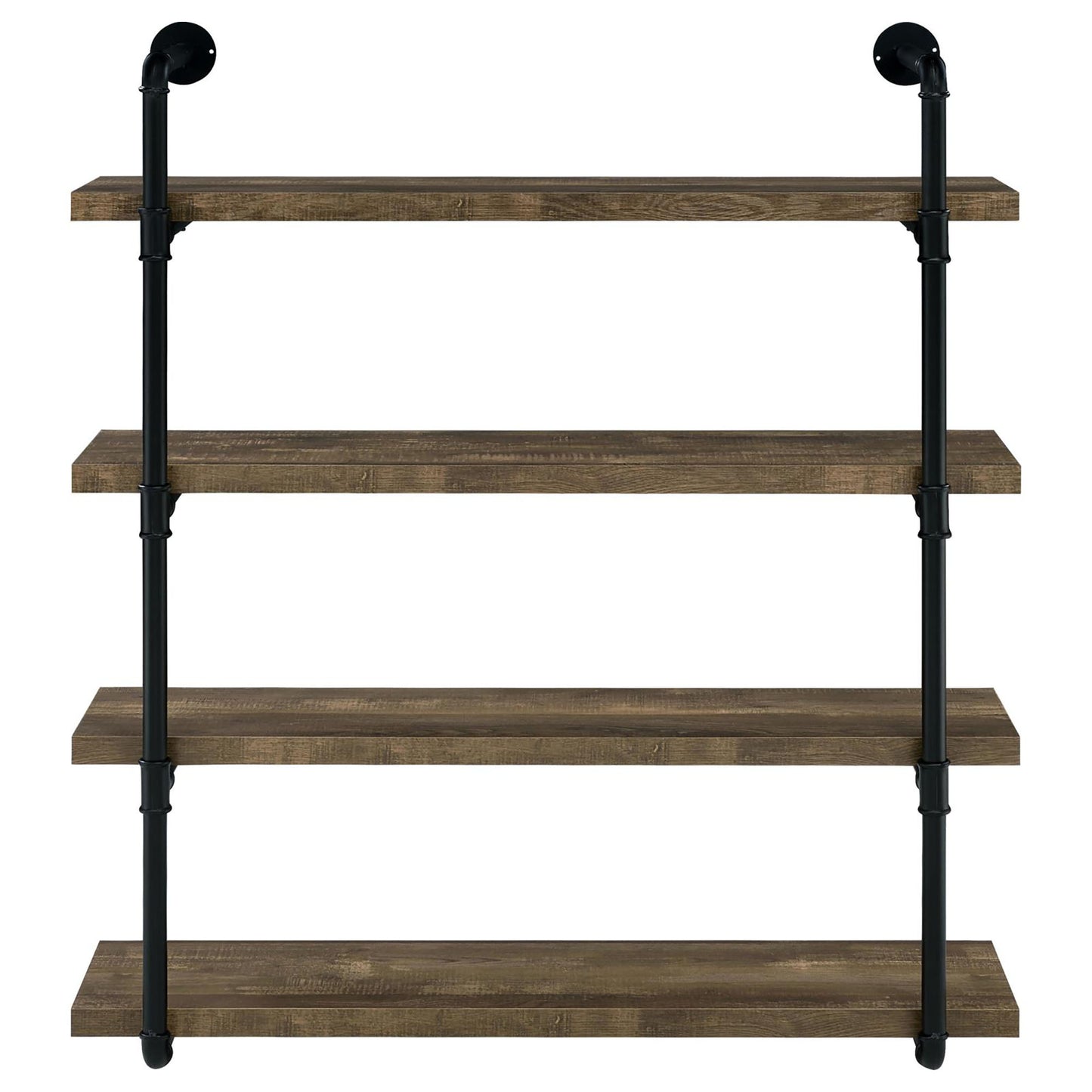 Rustic brown wood pipe shelf with four tiers and black metal supports