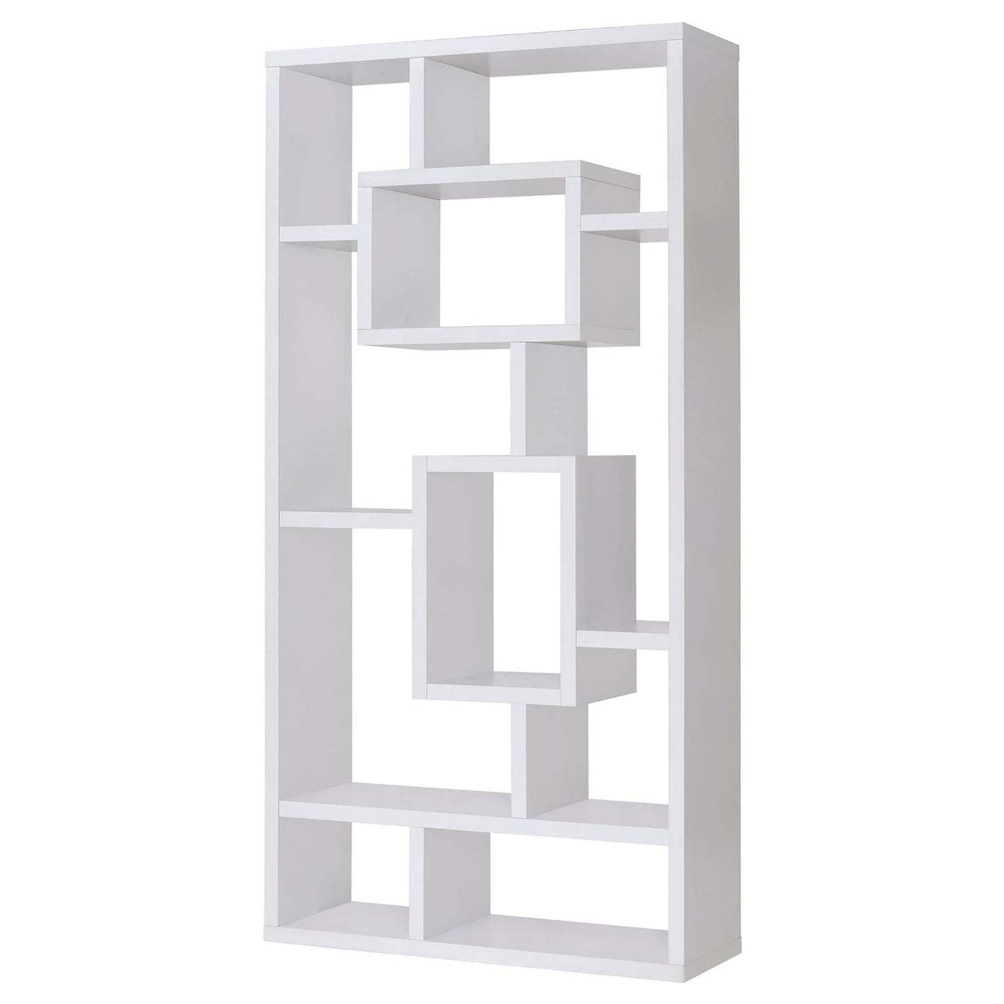 White geometric shelf unit with open cubbies