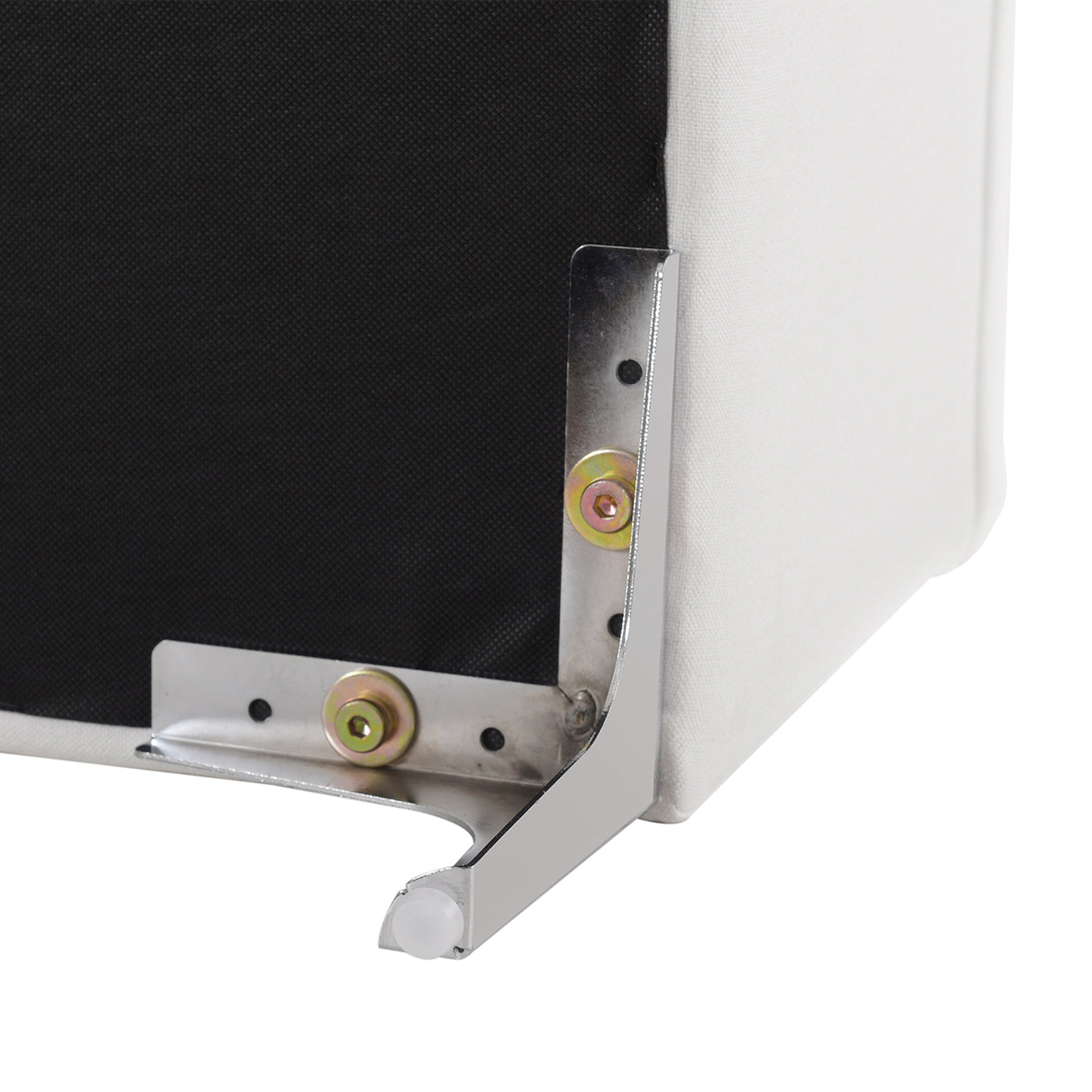 White upholstered sofa leg with metal bracket and screw assembly