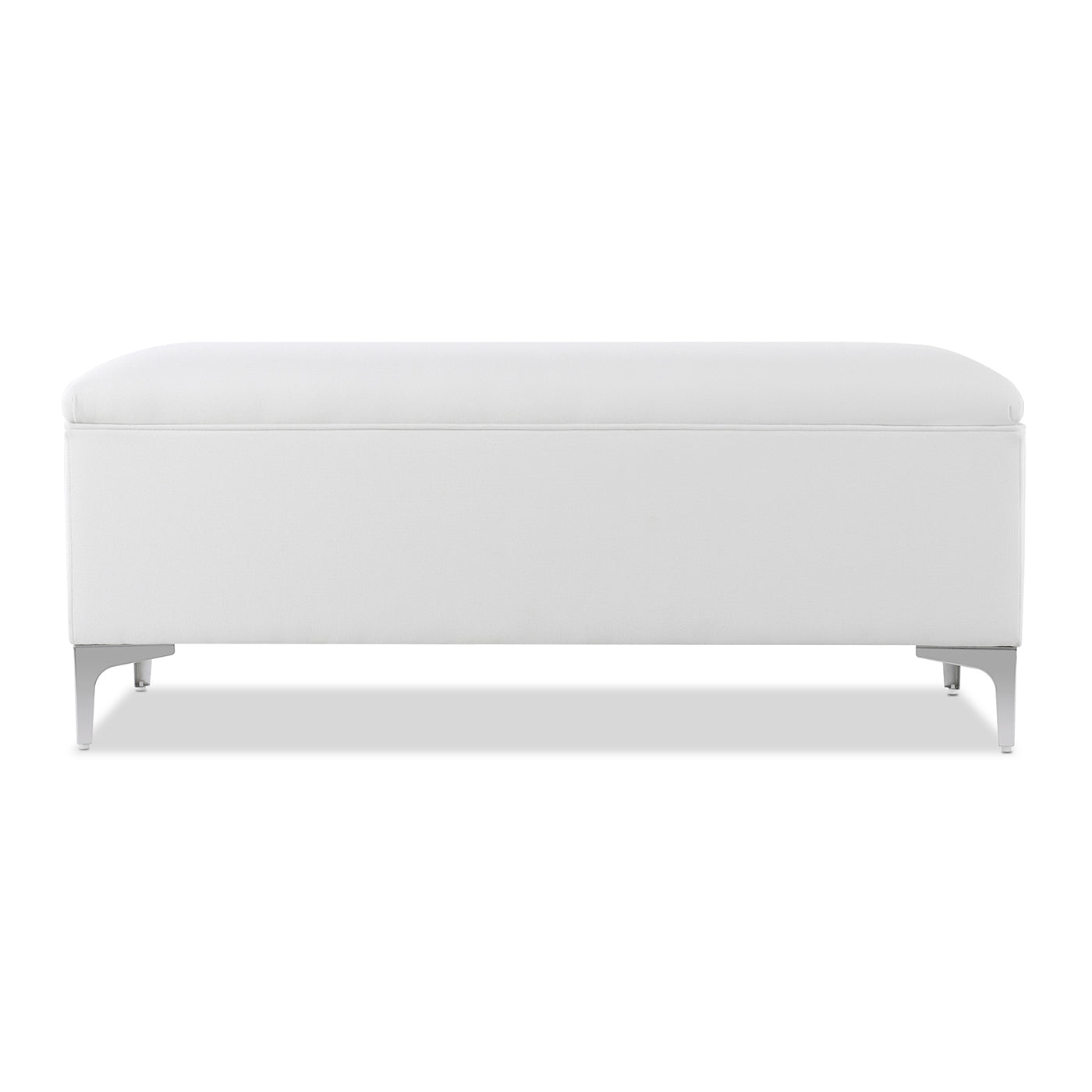 White faux leather storage bench with clean lines and silver metal legs