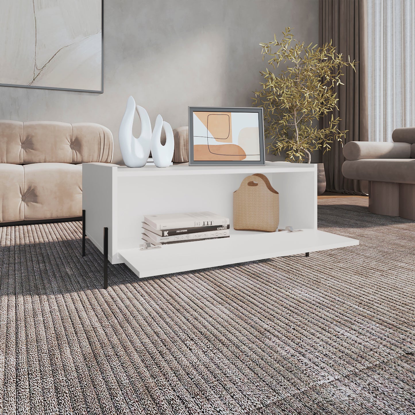 Modern white media console with open shelf