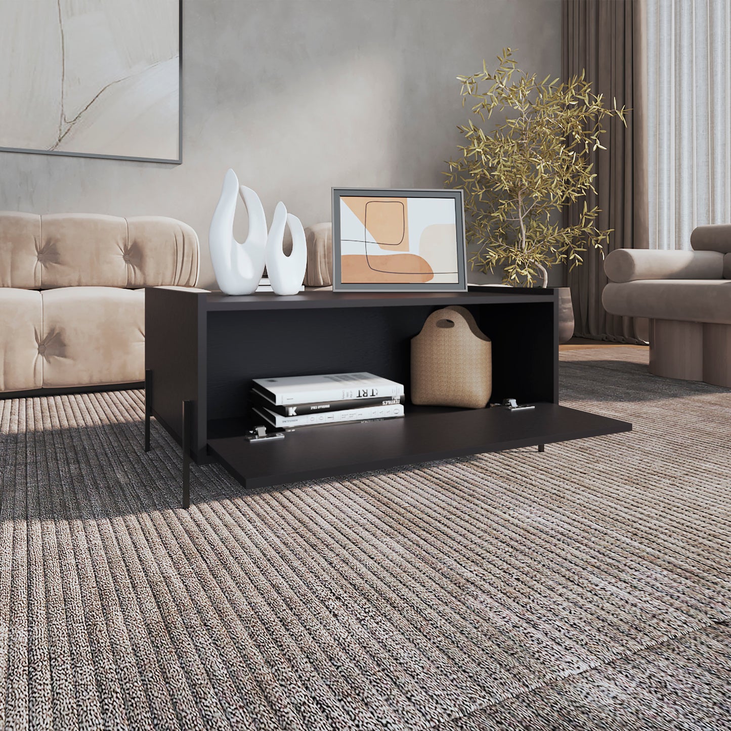 Modern black media console with open shelf