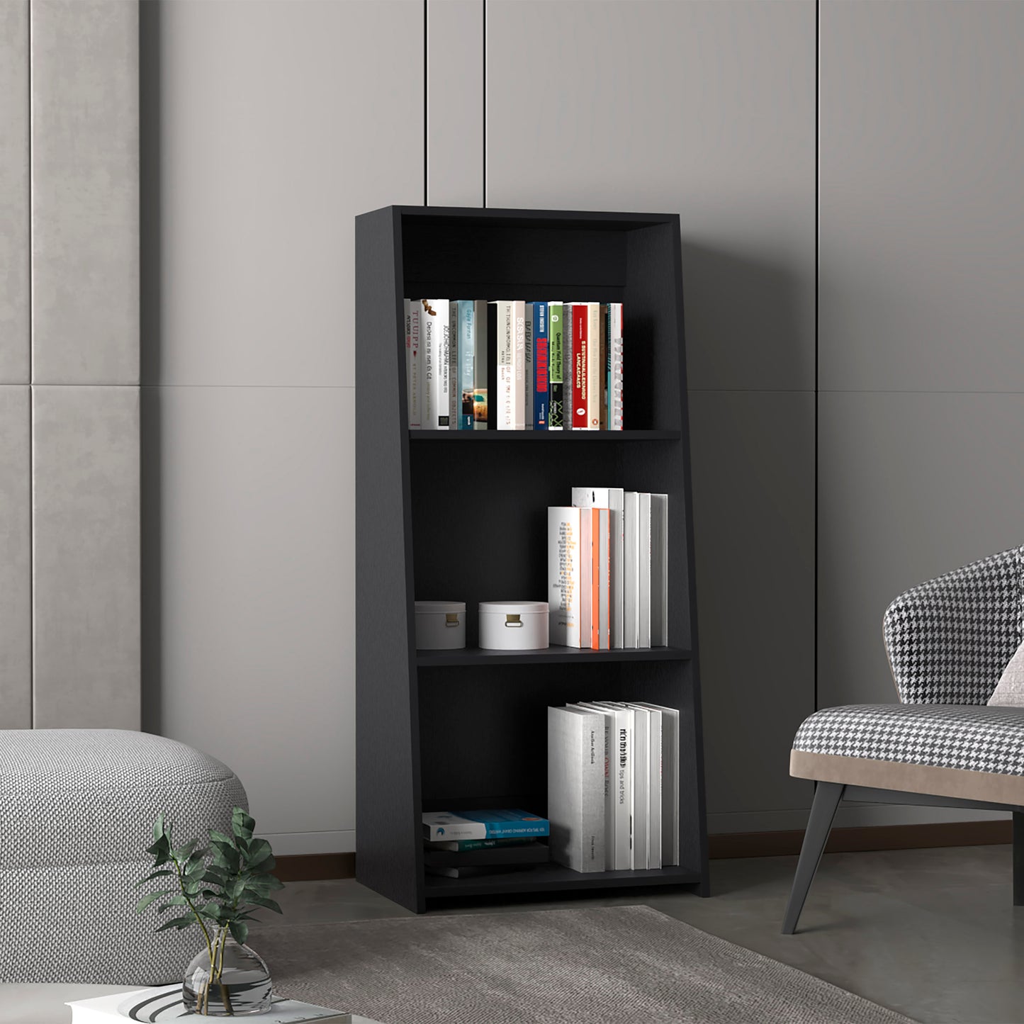 Modern black ladder bookshelf with books