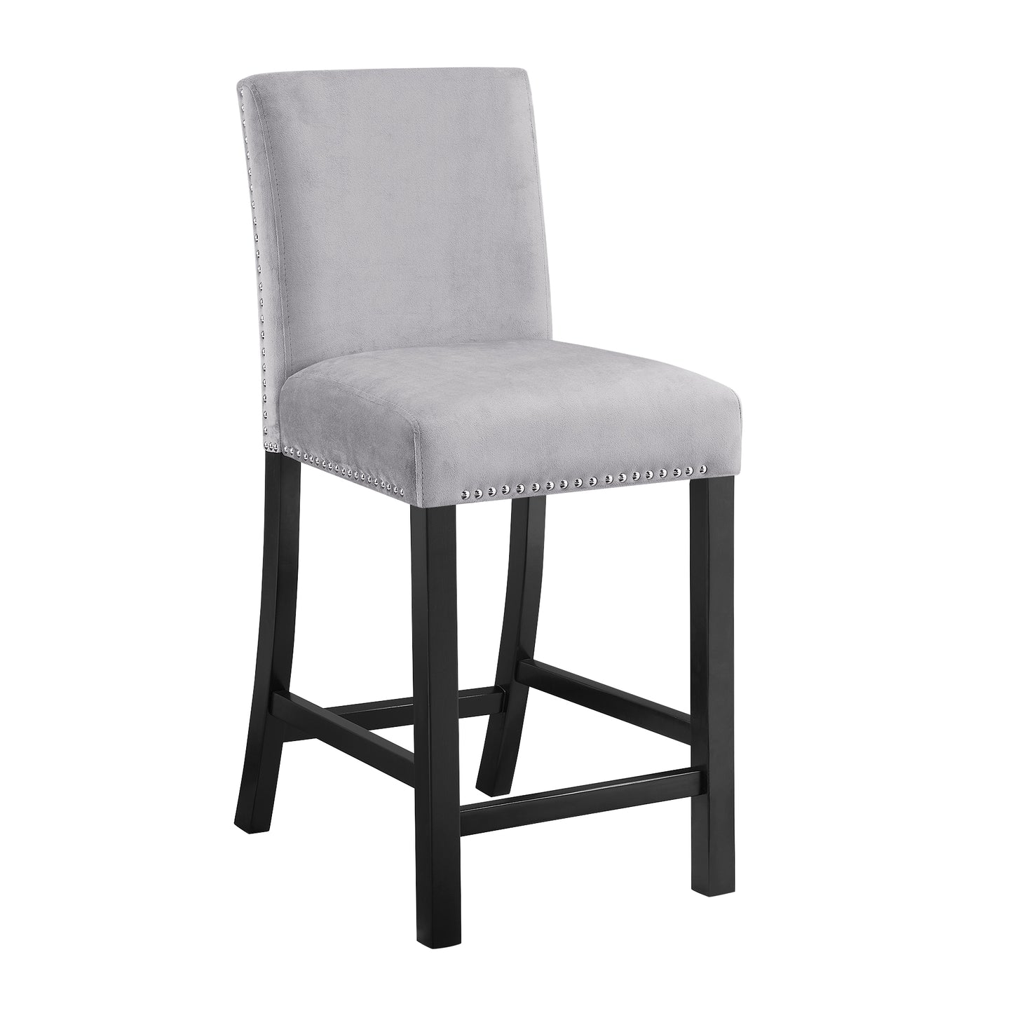 Light grey velvet counter stool with silver nailhead trim and dark wood legs