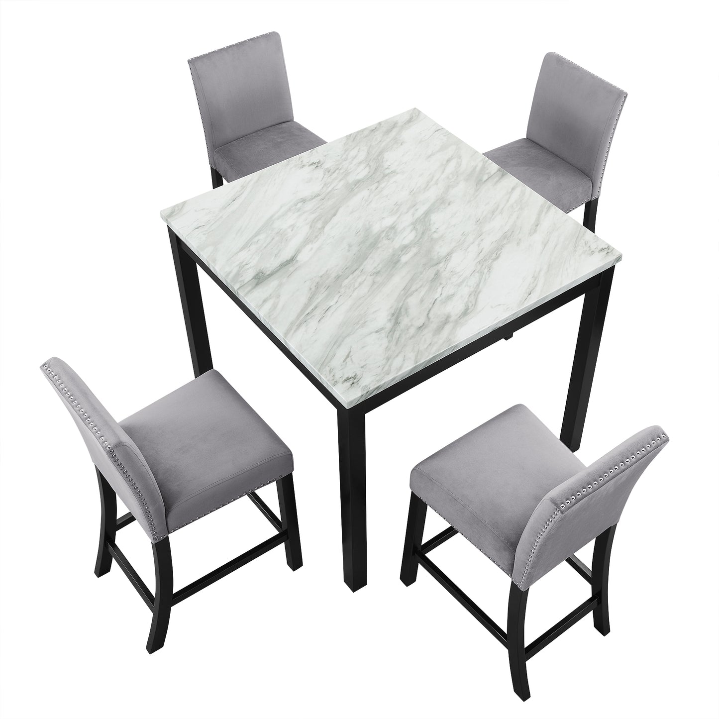 Square marble top dining table with four grey velvet tufted chairs