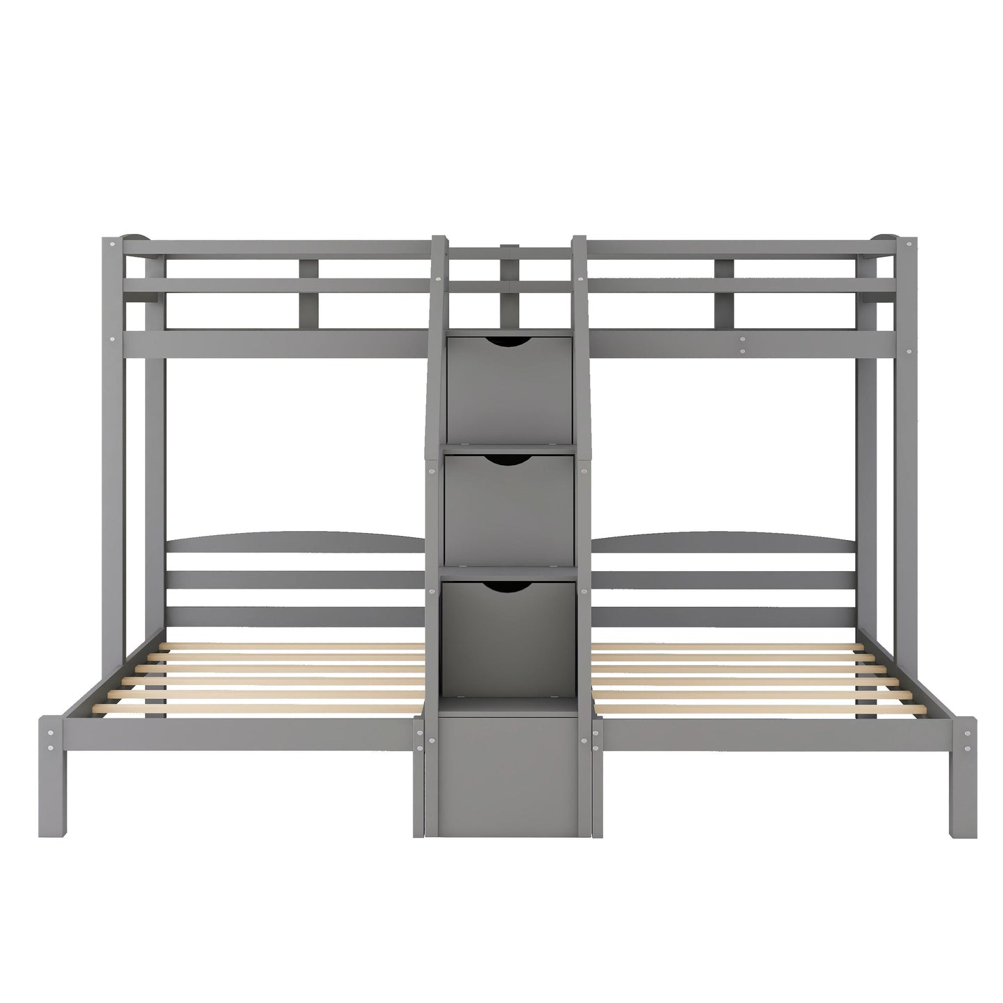 Gray twin over twin bunk bed with stairs and drawers