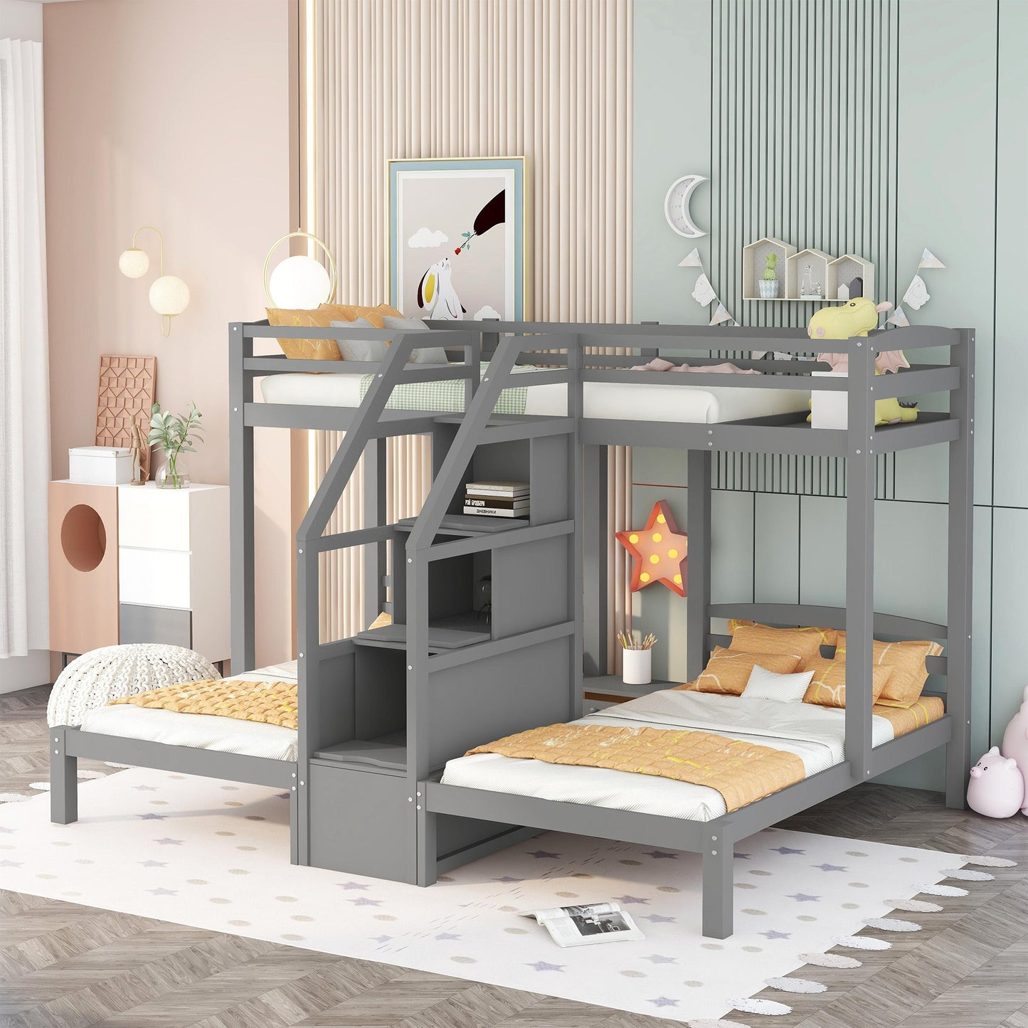 Gray wooden triple bunk bed with attached storage stairs