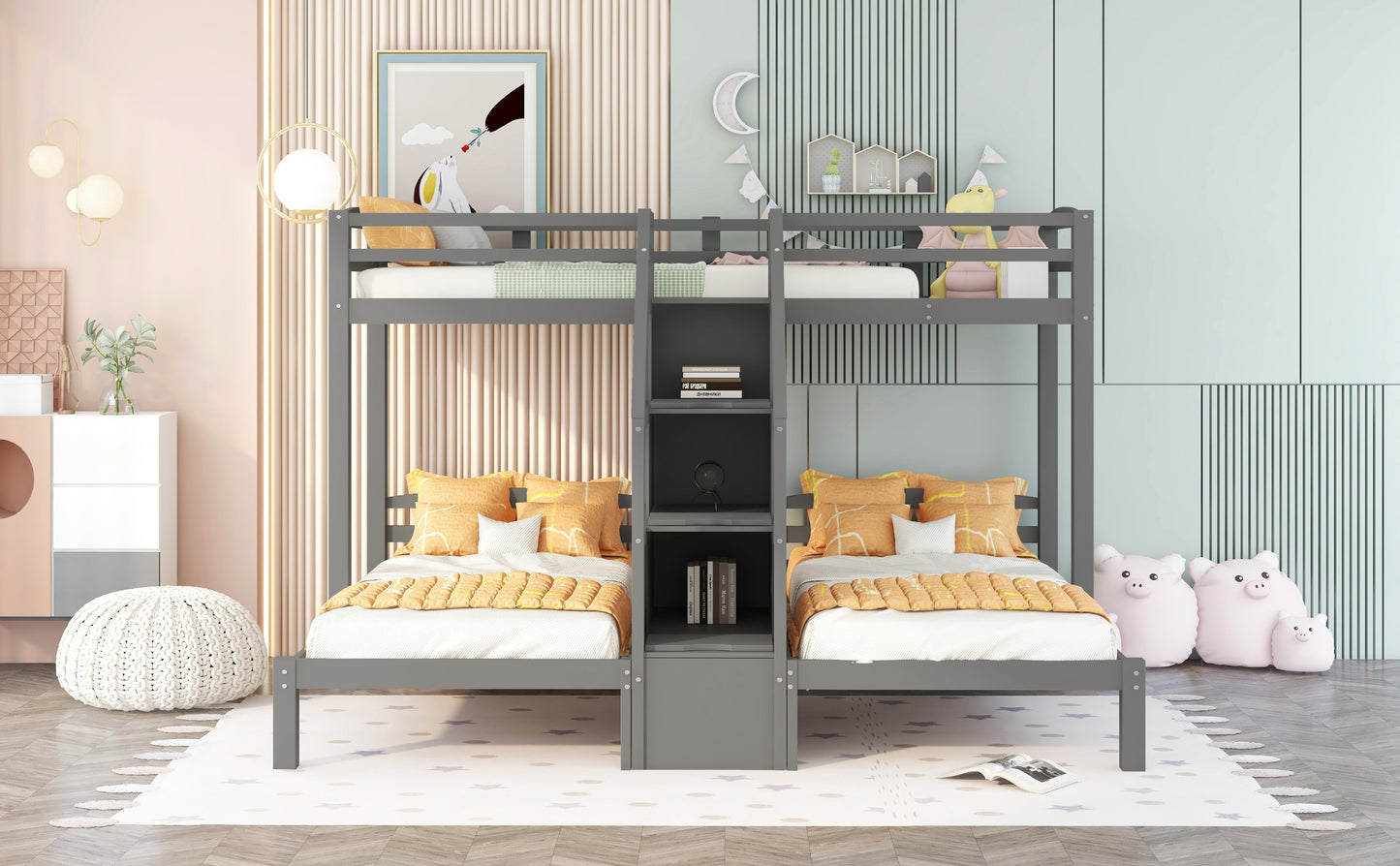 Gray twin over twin bunk bed with orange bedding and shelving unit