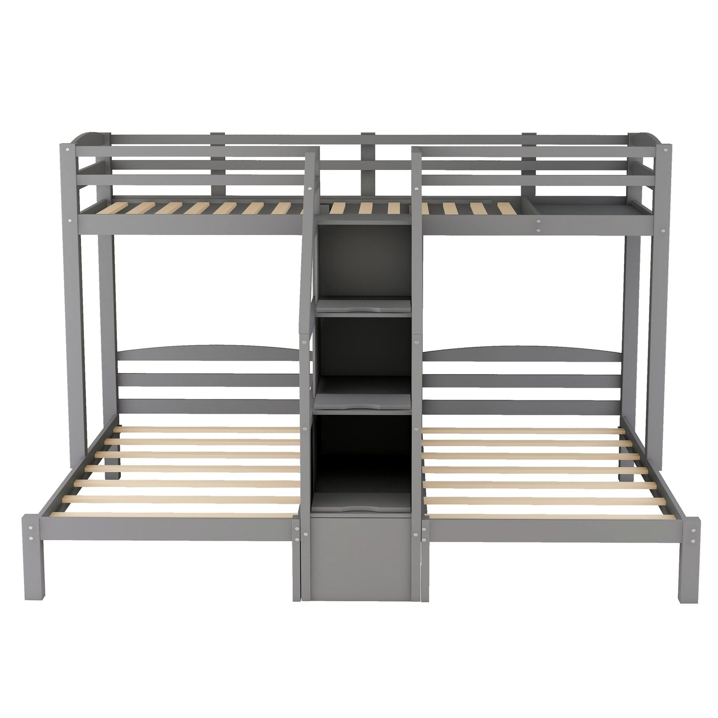 Gray wooden triple bunk bed with integrated storage