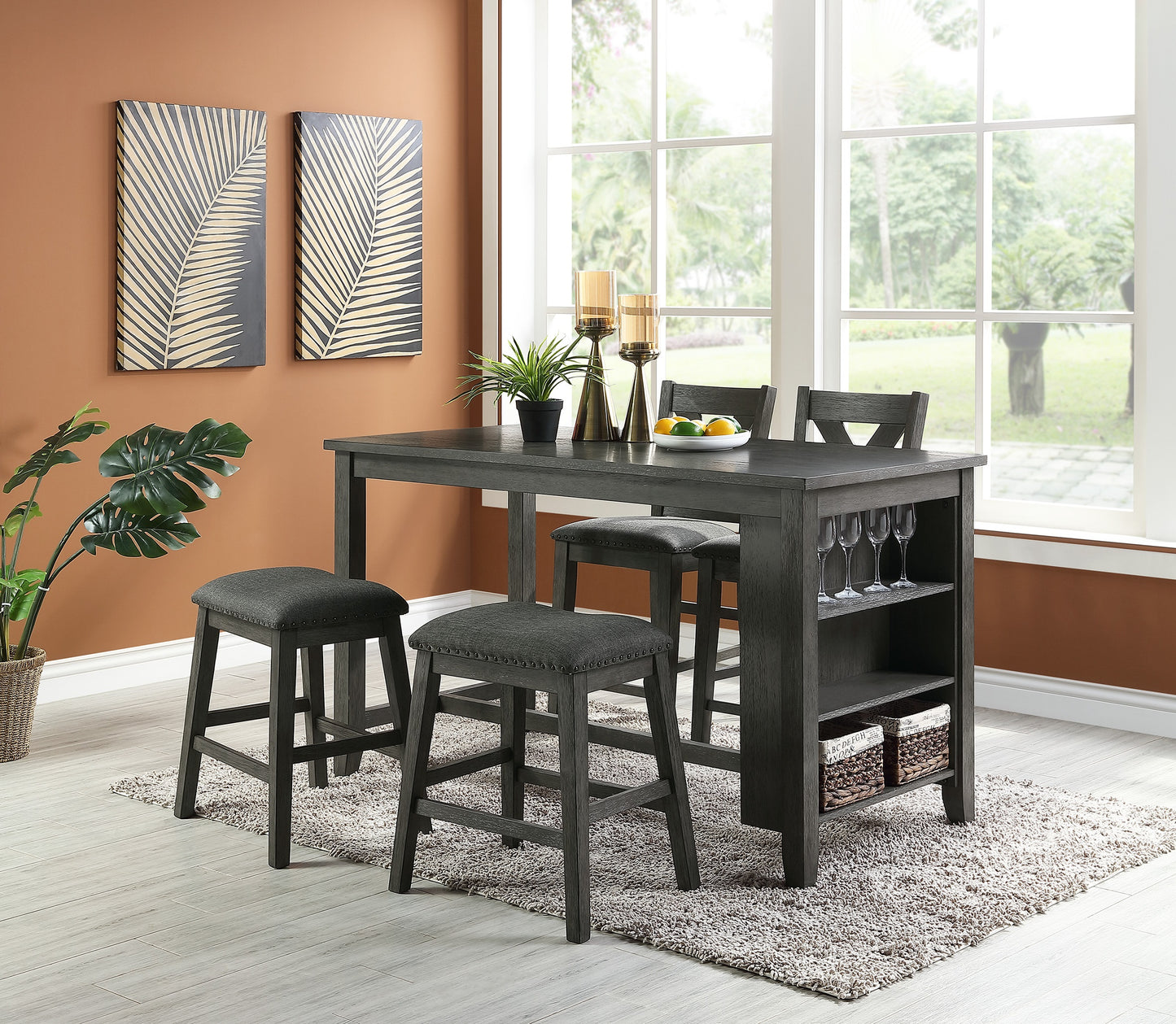 Dark gray counter height dining set with upholstered stools and builtin wine glass rack