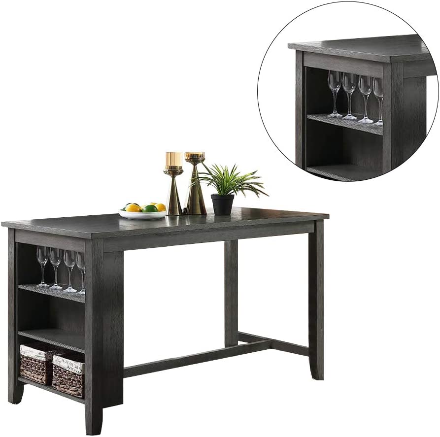Gray counter height dining table with builtin wine glass holder and storage shelves