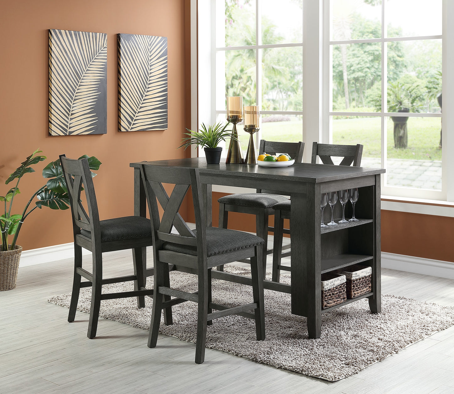 Dark gray wood bar height dining set with four upholstered stools and builtin shelves