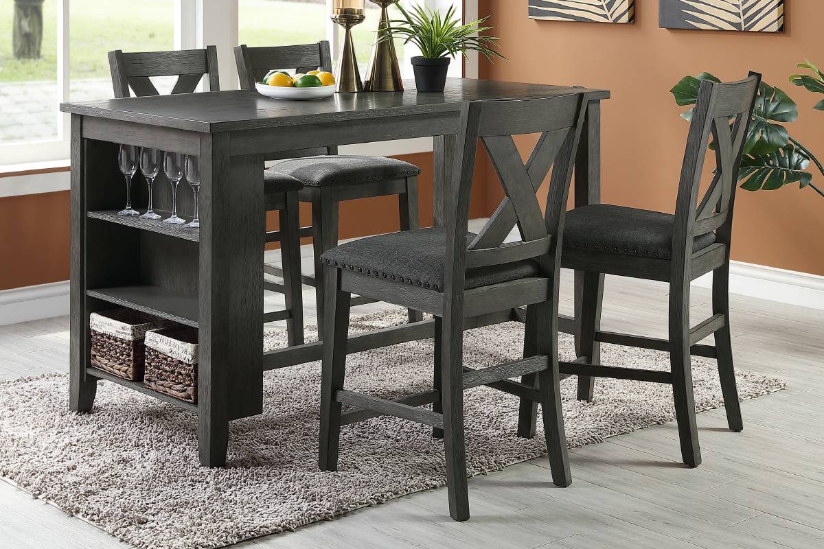 Gray wood counter height table with upholstered stools and builtin shelves