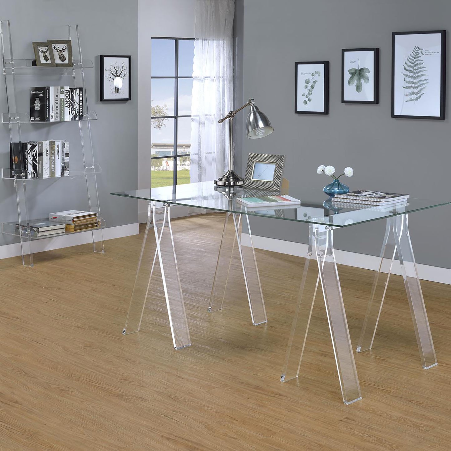 Clear acrylic modern desk with trestle legs