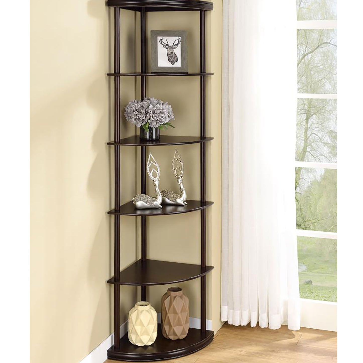 Dark brown corner shelf unit with five tiers and decorative items