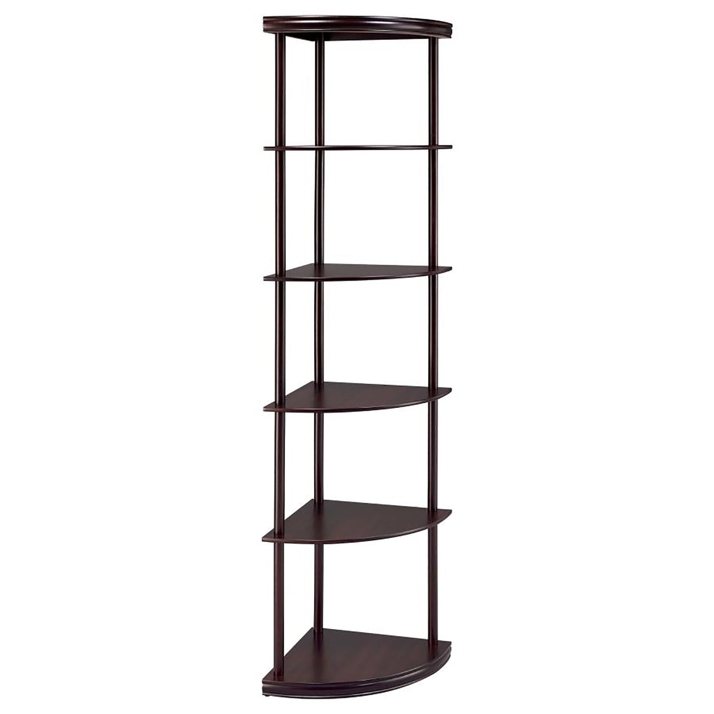 Dark brown wooden corner shelf unit with five tiers