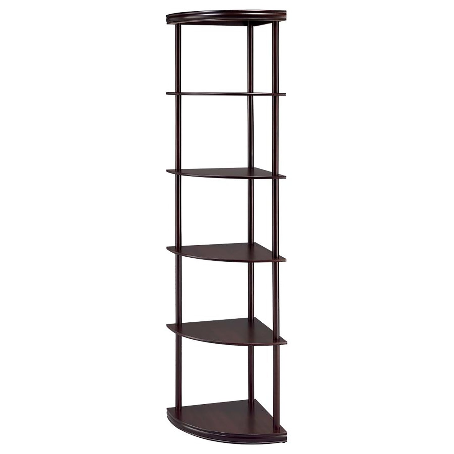 Dark wood corner shelf unit with five curved shelves