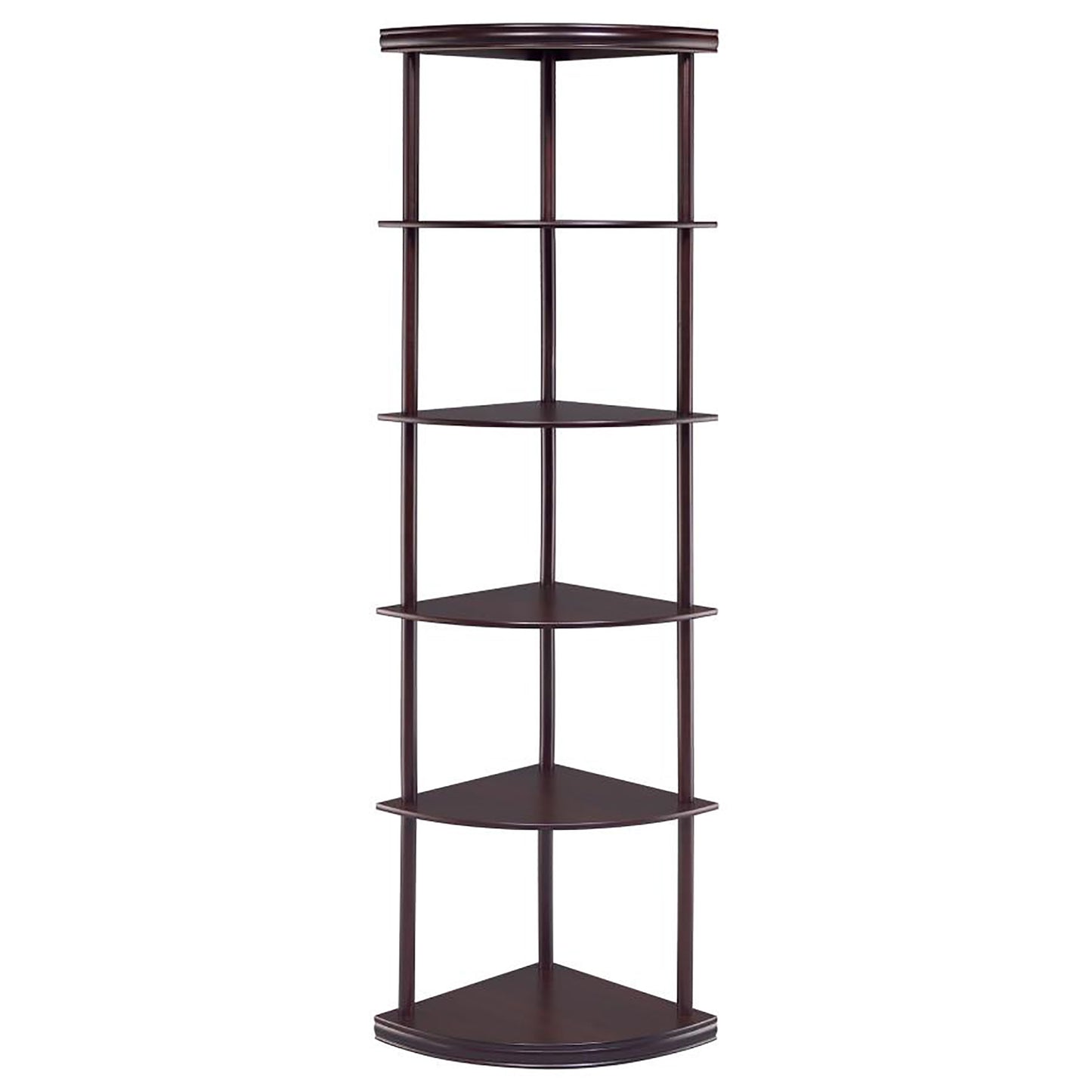 Tall brown wood corner shelf unit with five triangular shelves