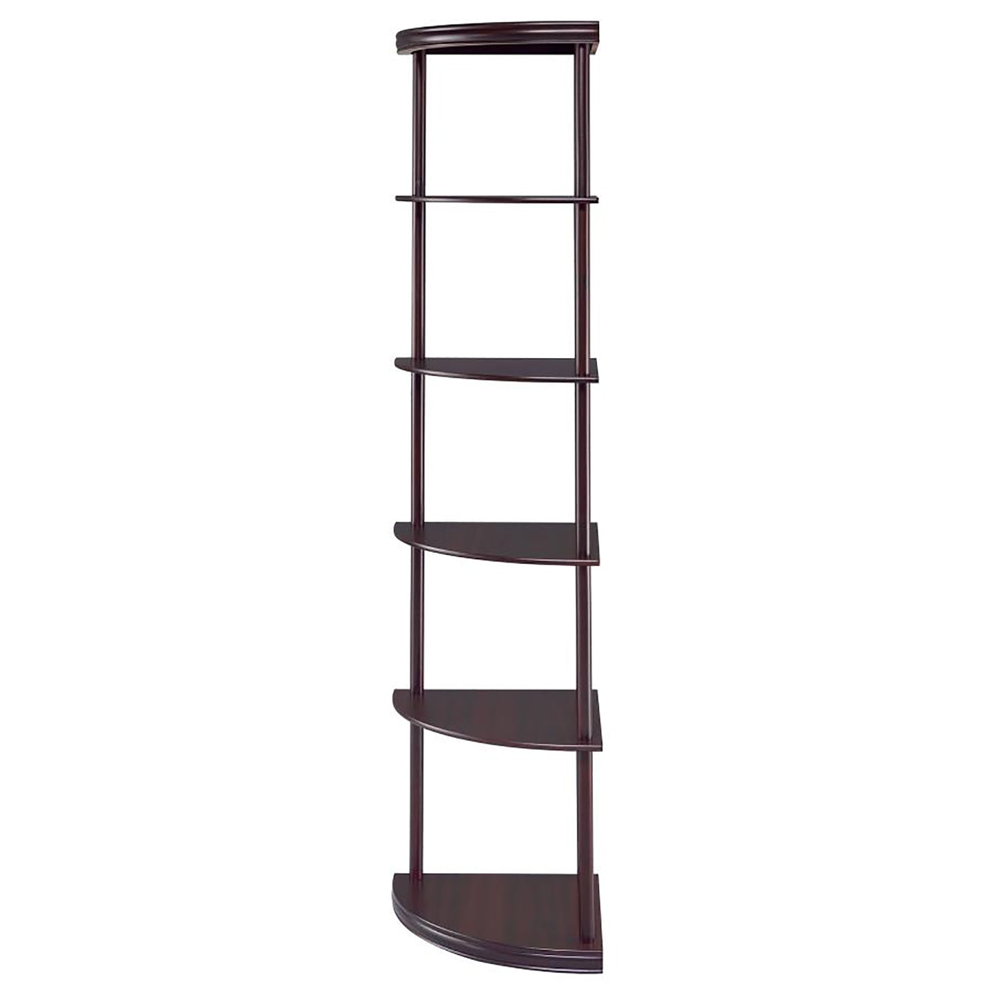 Dark cherry wood corner shelf unit with five curved shelves