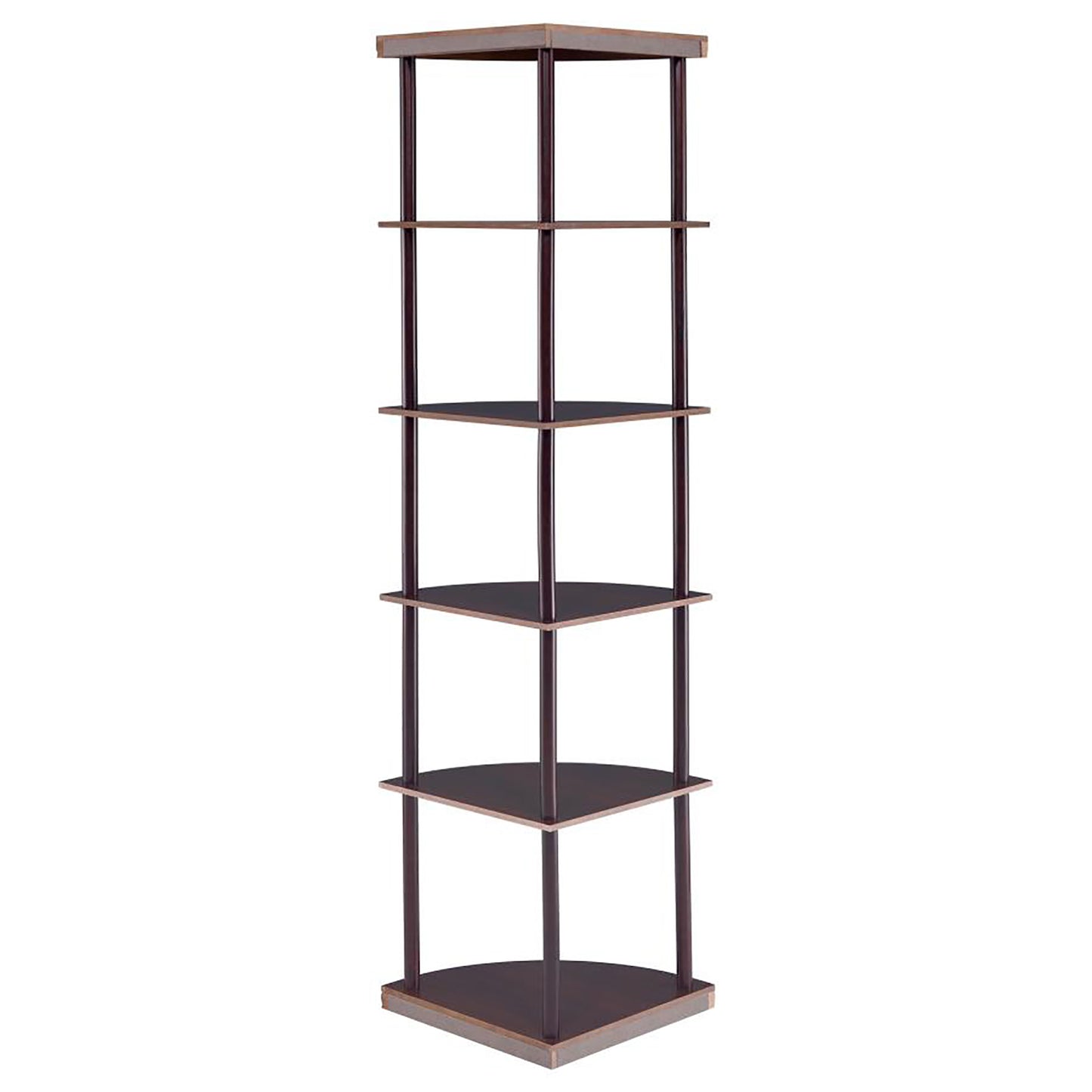 Dark wood tier corner shelf unit for home organization