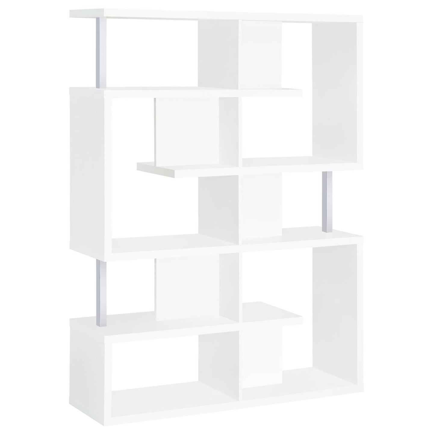 Modern white tiered bookshelf with offset compartments