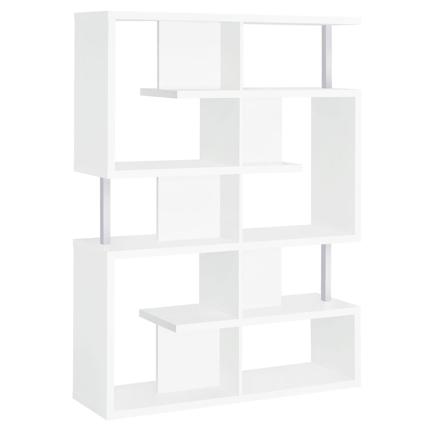 Modern white geometric bookshelf with staggered shelves