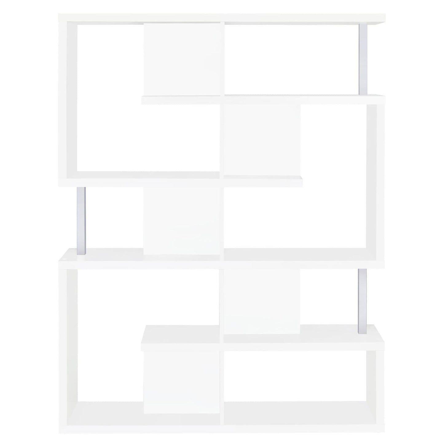 White modern bookcase with open geometric shelving and silver vertical supports