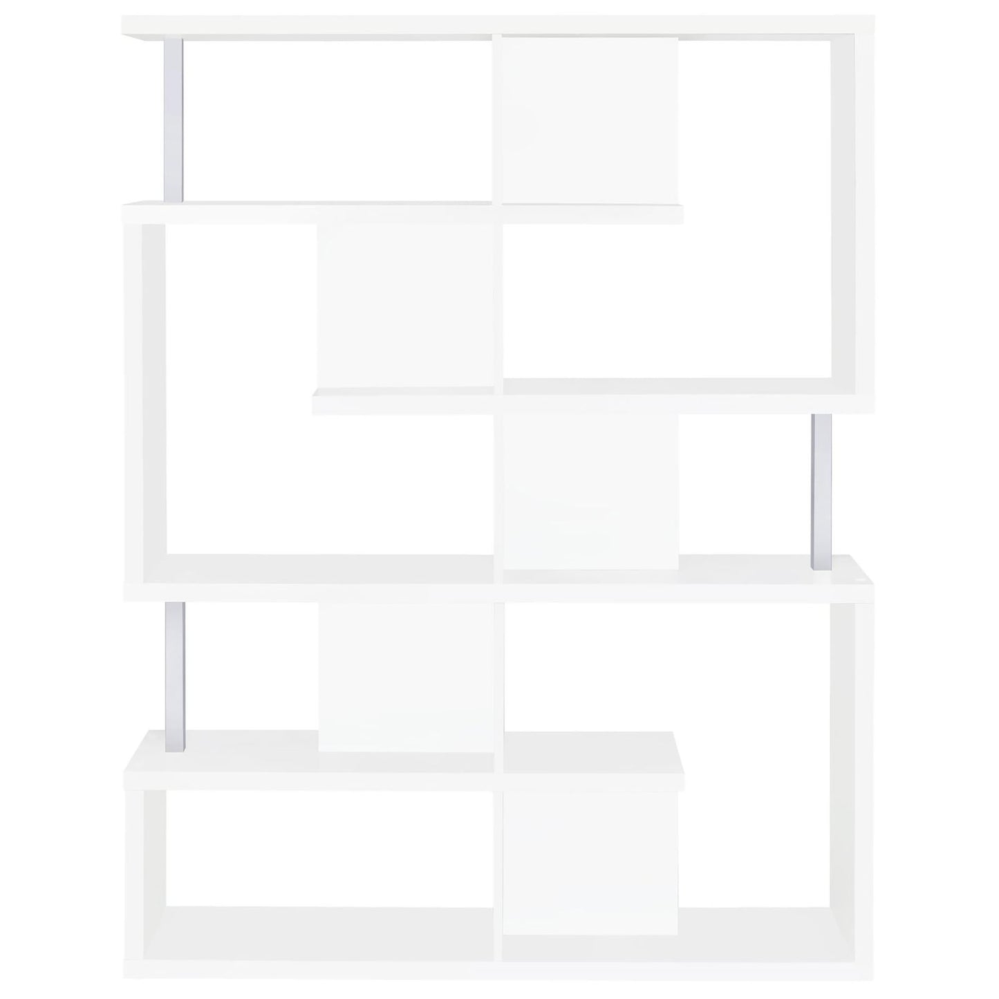 White modern geometric bookshelf with silver accents
