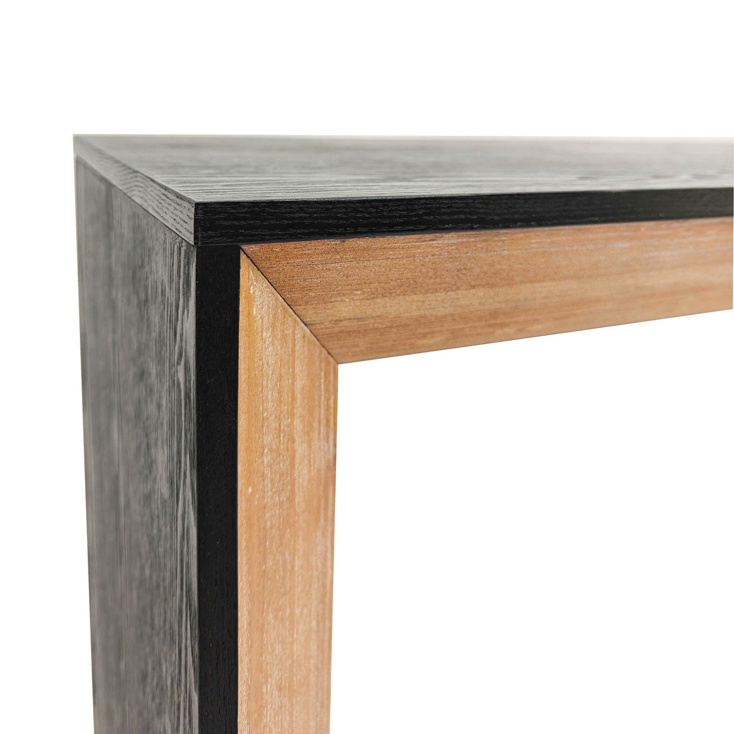 Closeup of a wooden frame with a black outer edge and natural wood inlay