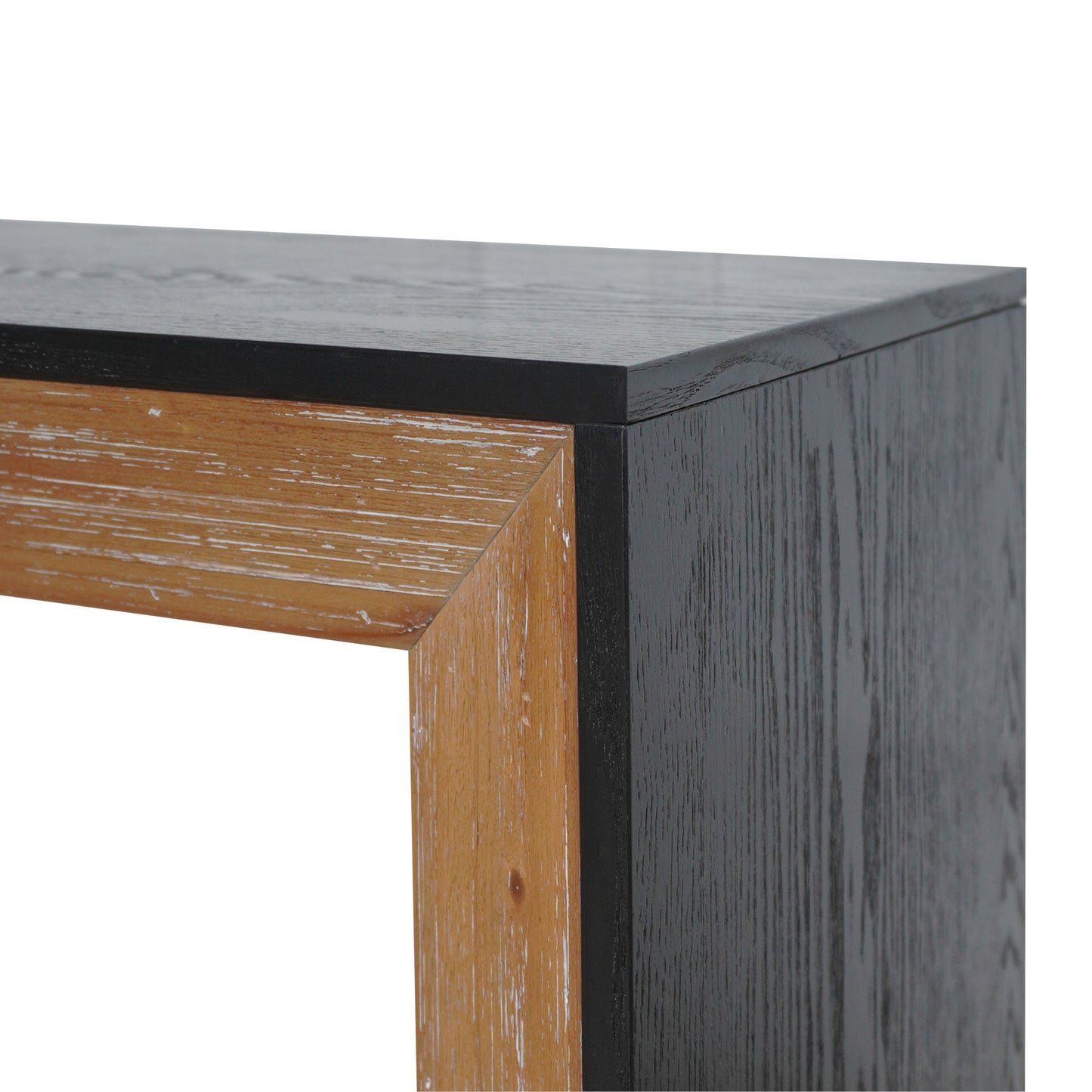 Modern console table with twotone wood finish and black top