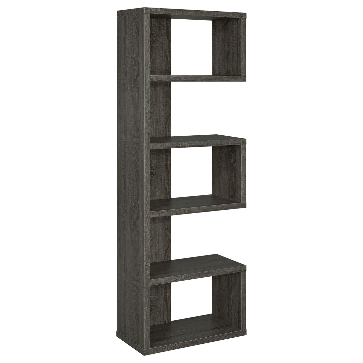 Tall dark gray wood bookshelf with staggered open cube shelves