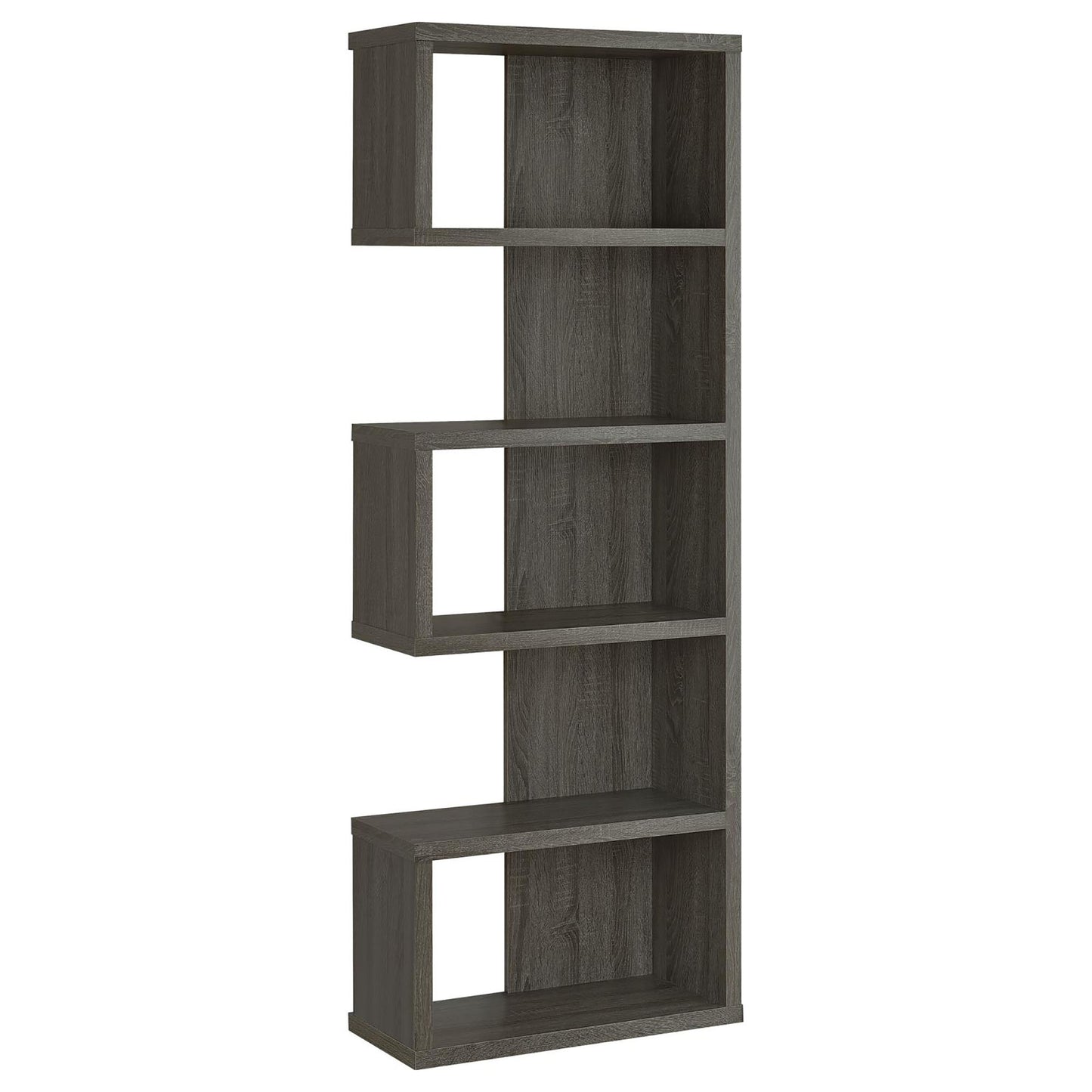 Tall grey wood bookshelf with staggered open cubbies and shelves