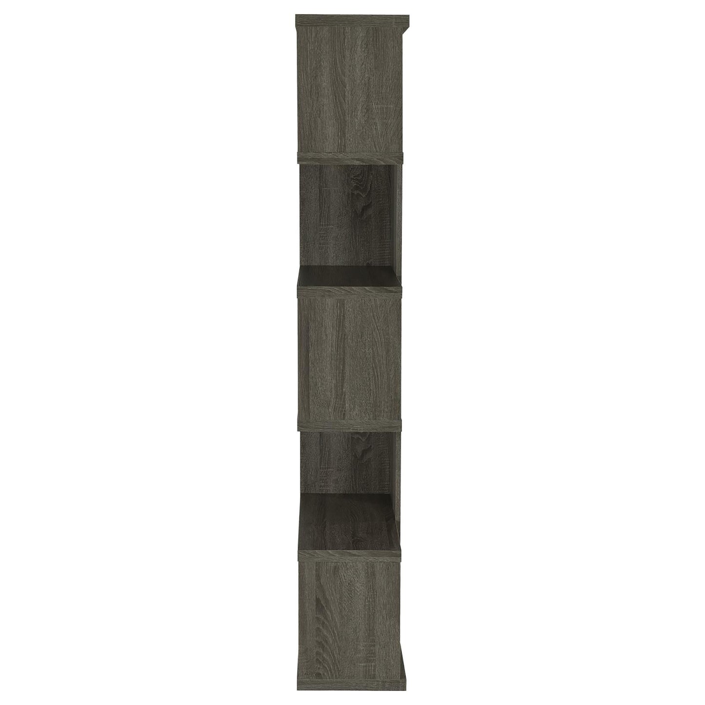 Tall gray wood bookcase with five open shelves